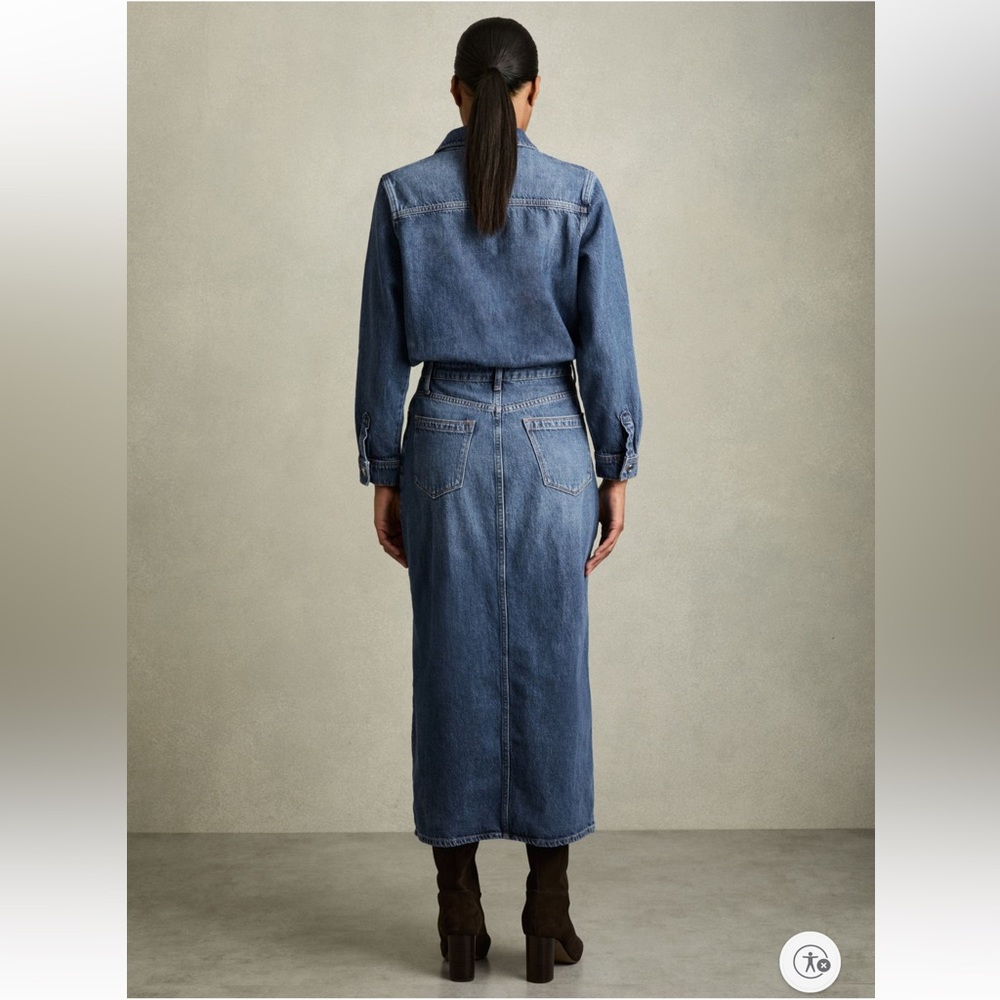 NWT Reiss Terra Petite Denim Button-Through Midi Denim Dress Size 14 Petite - Picture 4 of 8